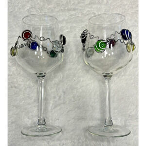 Art Glass Wine Water Goblet Blown Glass Blue Green Red Colored Dot Aluminum
